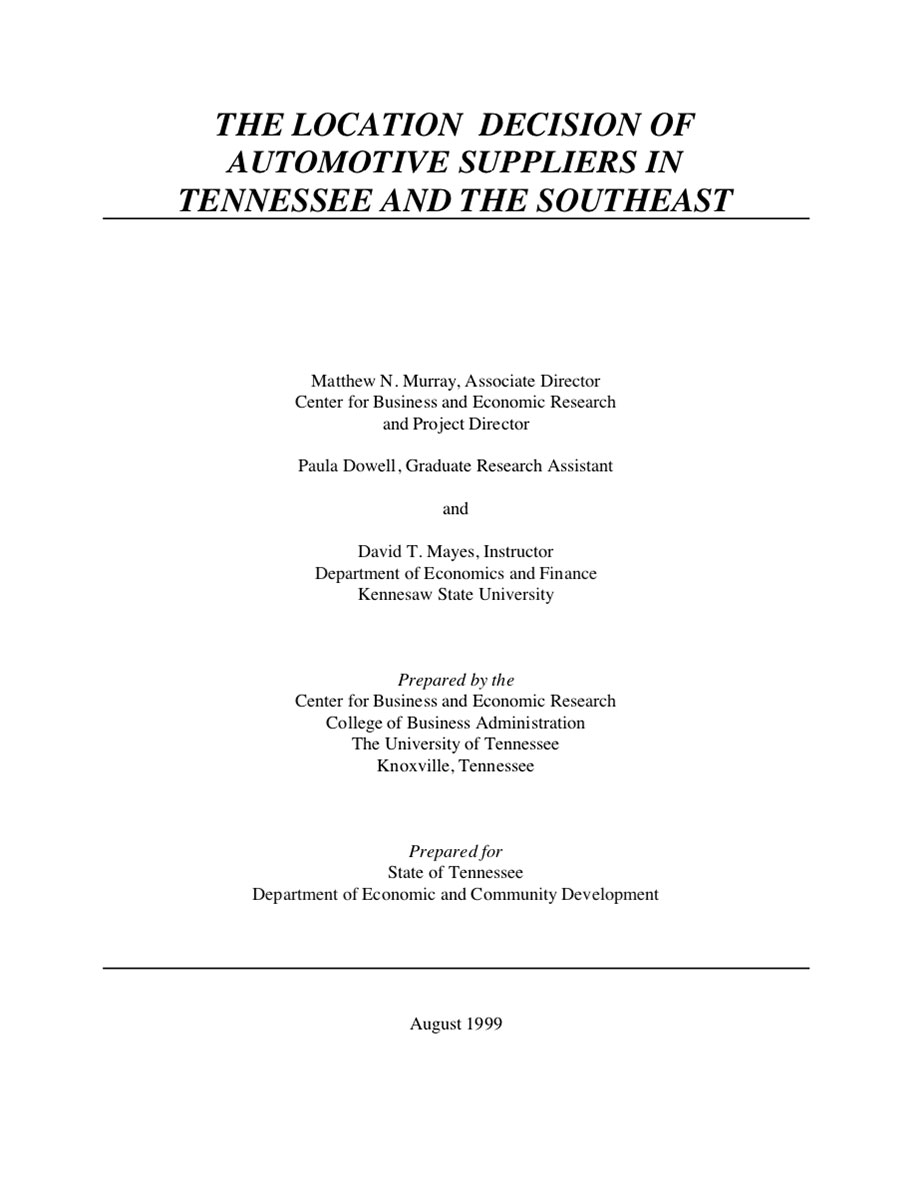 The Location Decision of Automotive Suppliers in Tennessee and the Southeast