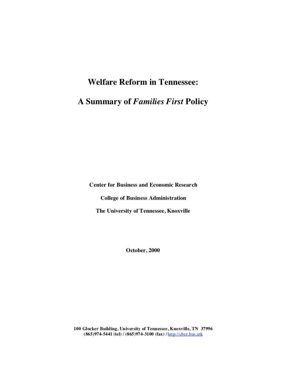 Welfare Reform in Tennessee A Summary of Families First Policy