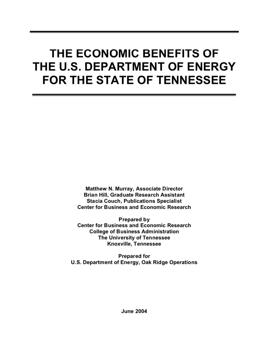 The Economic Benefits of the U.S. Department of Energy for the State of Tennessee, 2004