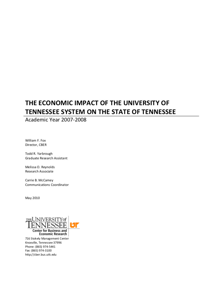 The Economic Impact of The University of Tennessee System on the State of Tennessee; Academic Year 2007-2008