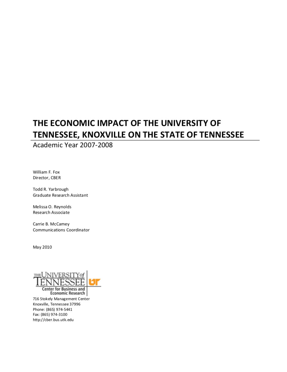 the Economic Impact of The University of Tennessee, Knoxville on the State of Tennessee, Academic Yr 2007-08