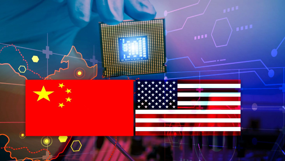 The Chinese and U.S. flags superimposed on a semi-abstract background of hi-tech imagery.