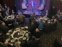 UT President Randy Boyd speaks in front of business leaders and government officials at the beginning of the Tennessee Business Leaders Dinner 