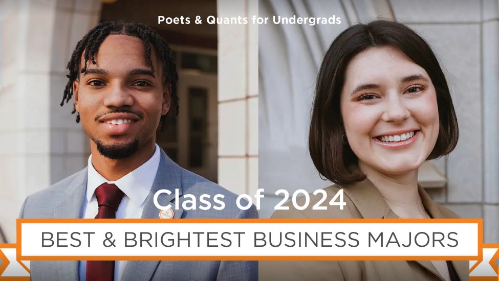Portrait images of Kevin (KJ) Malone and Veda Seay dressed in business casual attire in front of an unidentified background with the words "Poets & Quants for Undergrads" above them in white lettering, "Class of 2024" in white lettering below them, and and a white scroll with orange trim with black letters reading "Best & Brightest Business Majors"