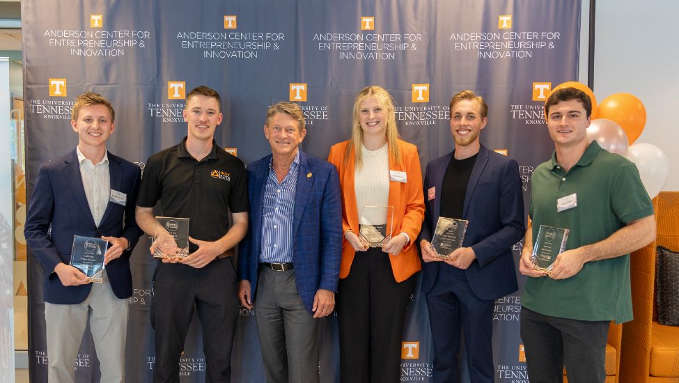 Five student winners of the 2024 Boyd Venture Challenge pose with UT System President Randy Boyd