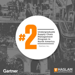 White, orange and gray graphic with Haslam College of Business and Gartner logos and text that says, "#2 undergraduate supply chain management program in North America--Gartner, Inc."