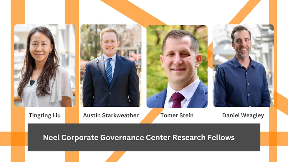 Headshots of Neel Corporate Governance Center research fellows Tingting Liu, Austin Starkweather, Tomer Stein, and Daniel Weagley