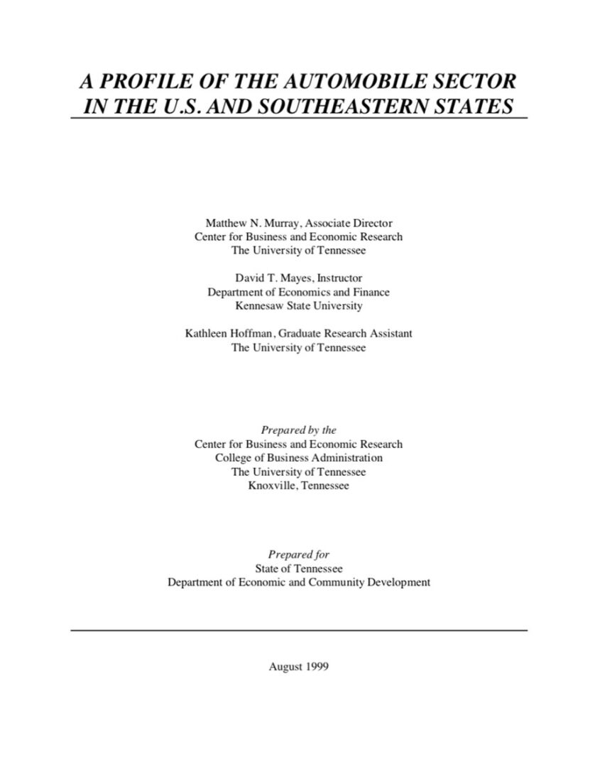 A Profile of the Automobile Sector in the US and and Southeastern States