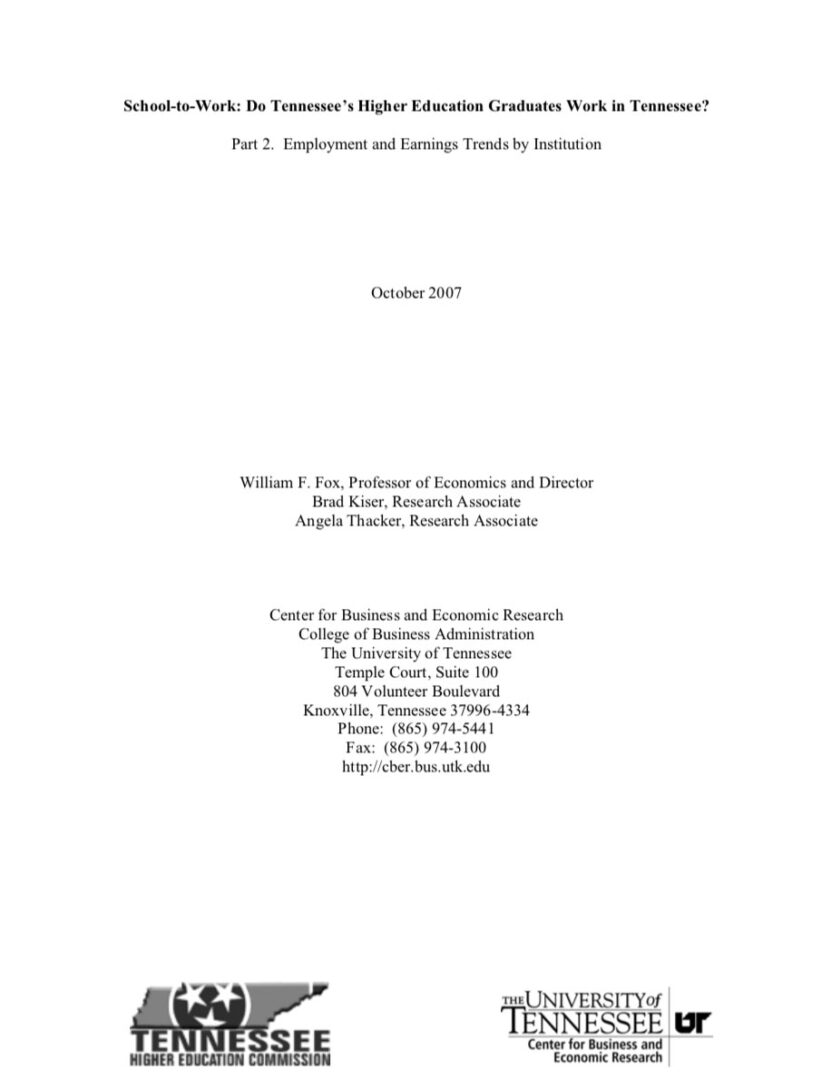 School-to-Work: Do Tennessee’s Higher Education Graduates Work in Tennessee