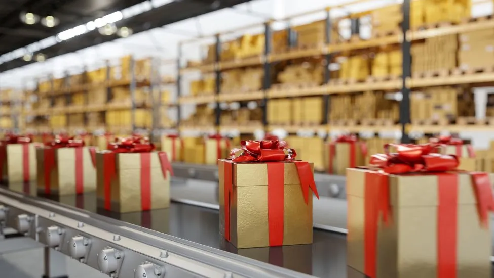 Gift Boxes with Golden Wrapping and Red Ribbons Moving On Conveyor Belt With Blurred Warehouse Background|