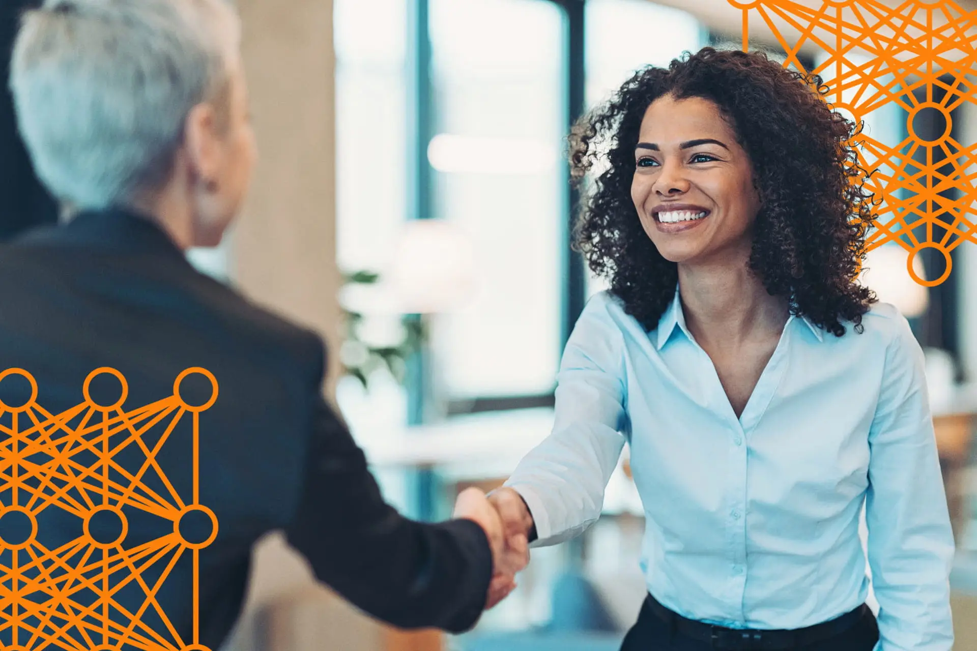 Woman shaking hands with man neural nets in foreground and background