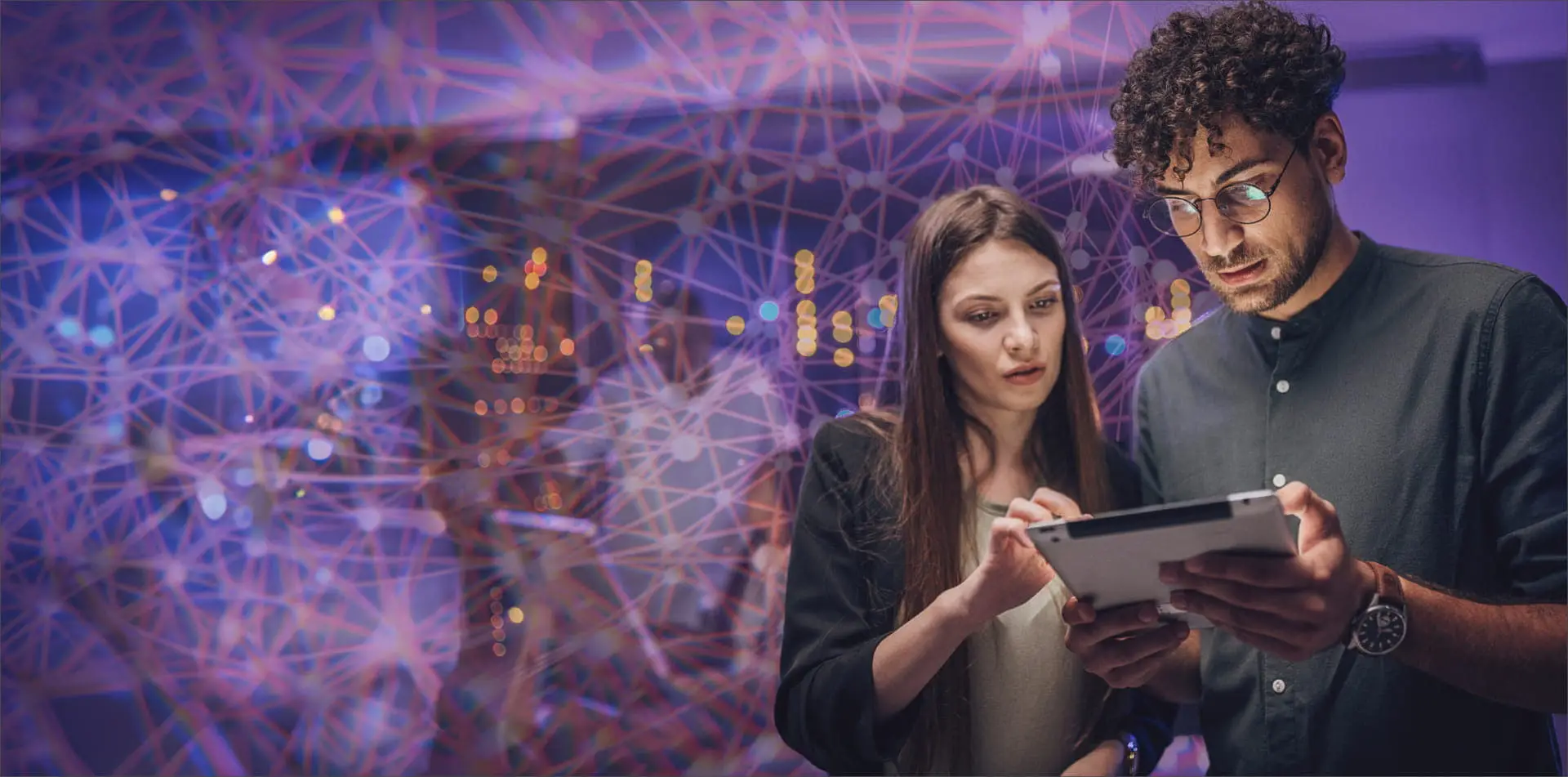 People on a tablet with neural net behind them
