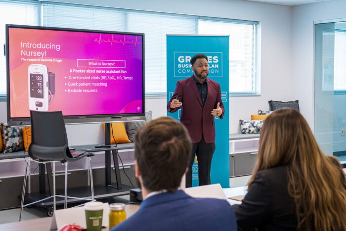 Student presenting at Graves Business Plan Competition.