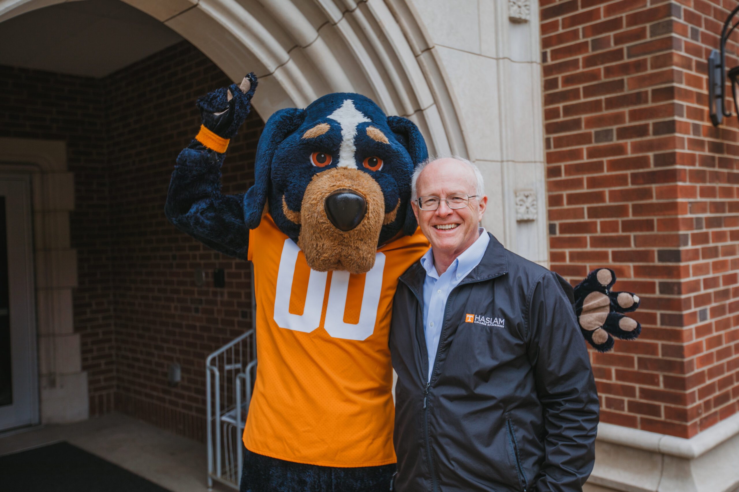 Dean Steve Mangum and Smokey mascot