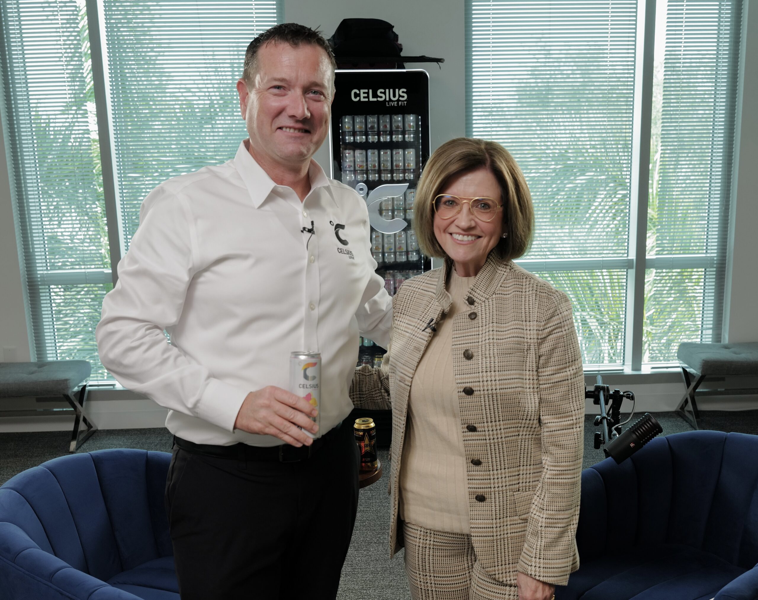 John Fieldly with Monica Langley during interview behind the scenes