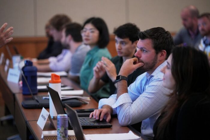 Haslam students listen to a lecture in a HBB classroom.